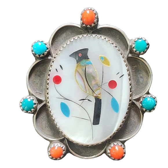 Vintage Sterling Bird Inlay Brooch Pendant with Turquoise and Coral Accents - Picture 6 of 7